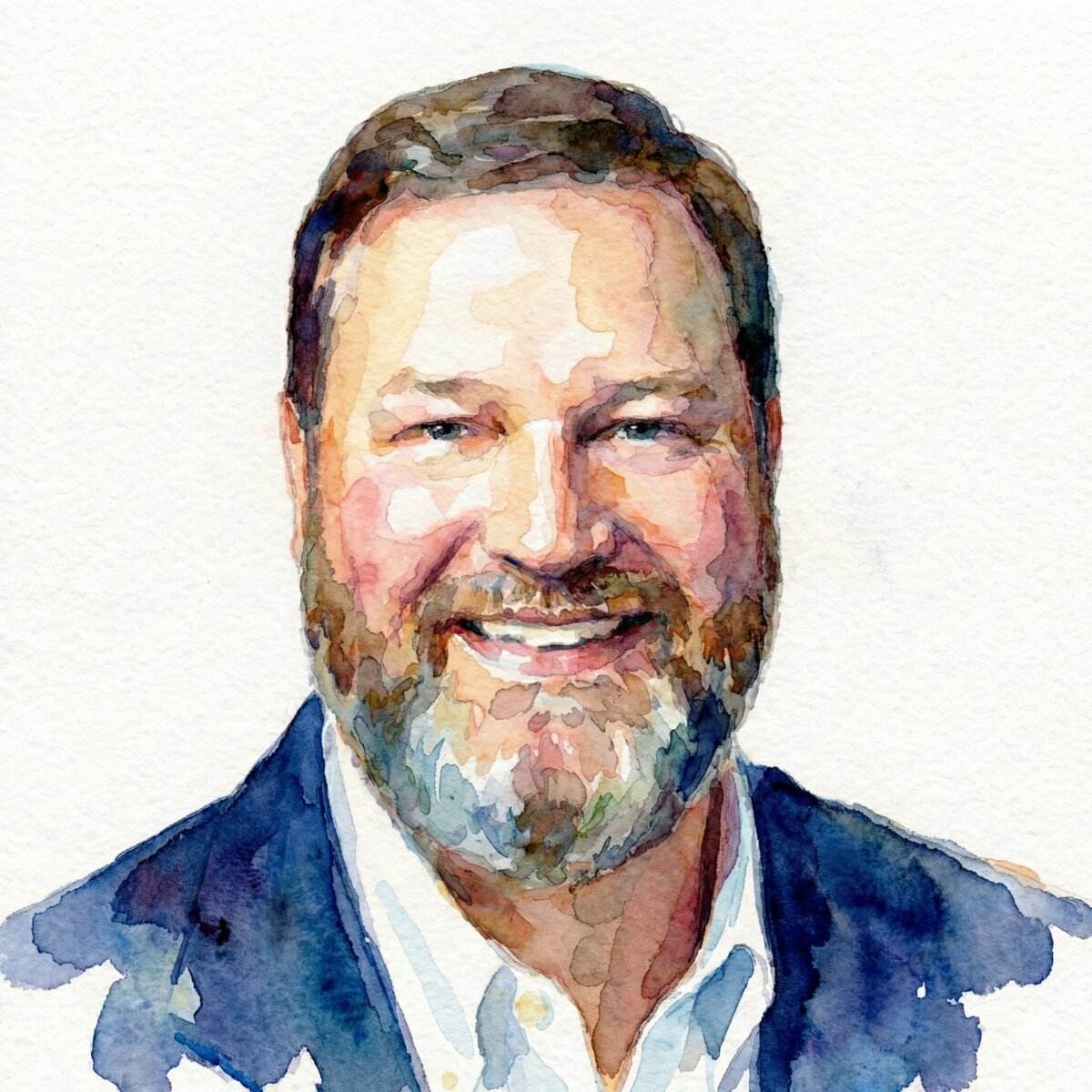 Watercolor portrait of Gerald, the father half of G&J Photography — gray beard, navy blazer, easy smile