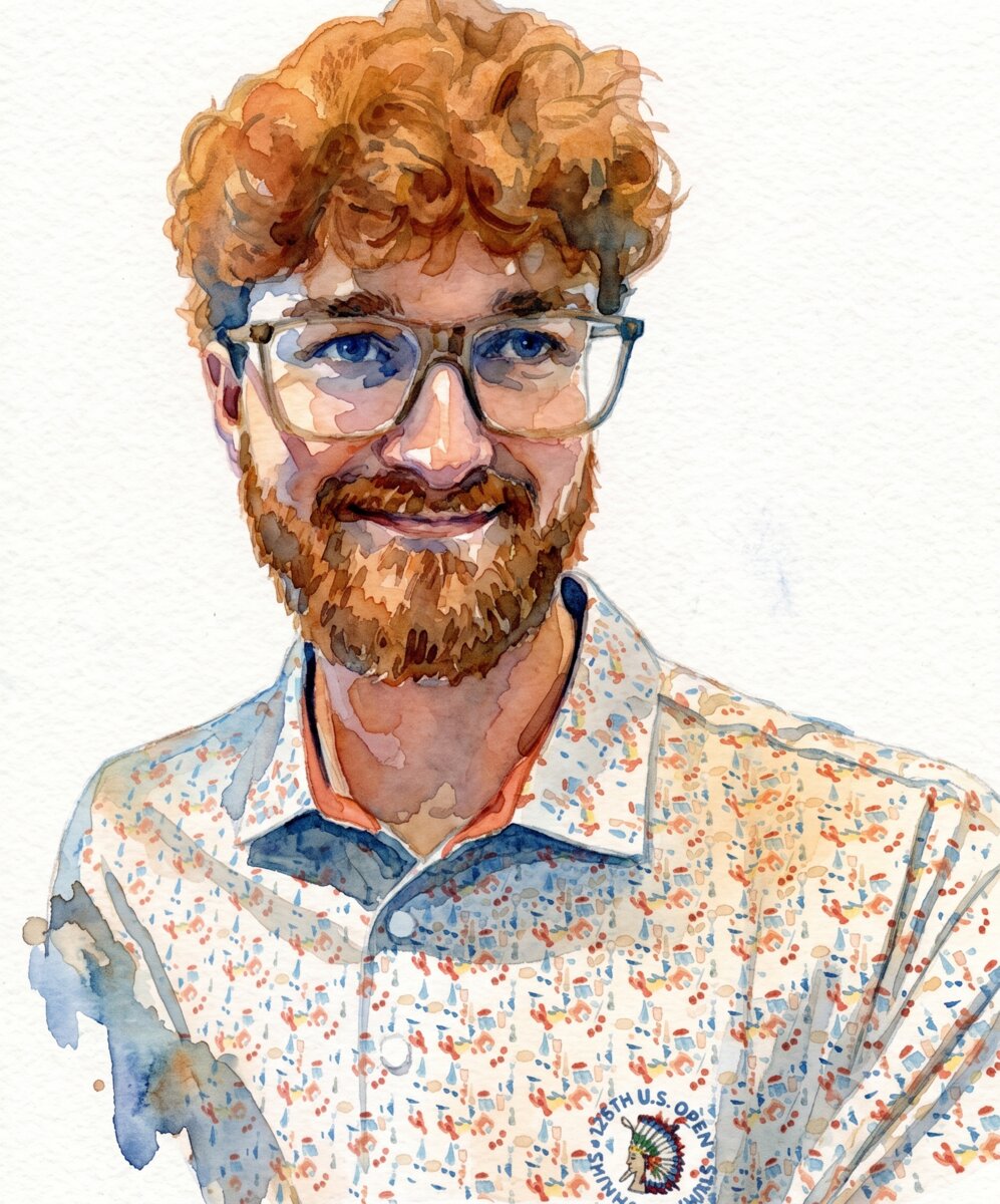 Watercolor portrait of Jack, the son half of G&J Photography — red curls, glasses, patterned shirt