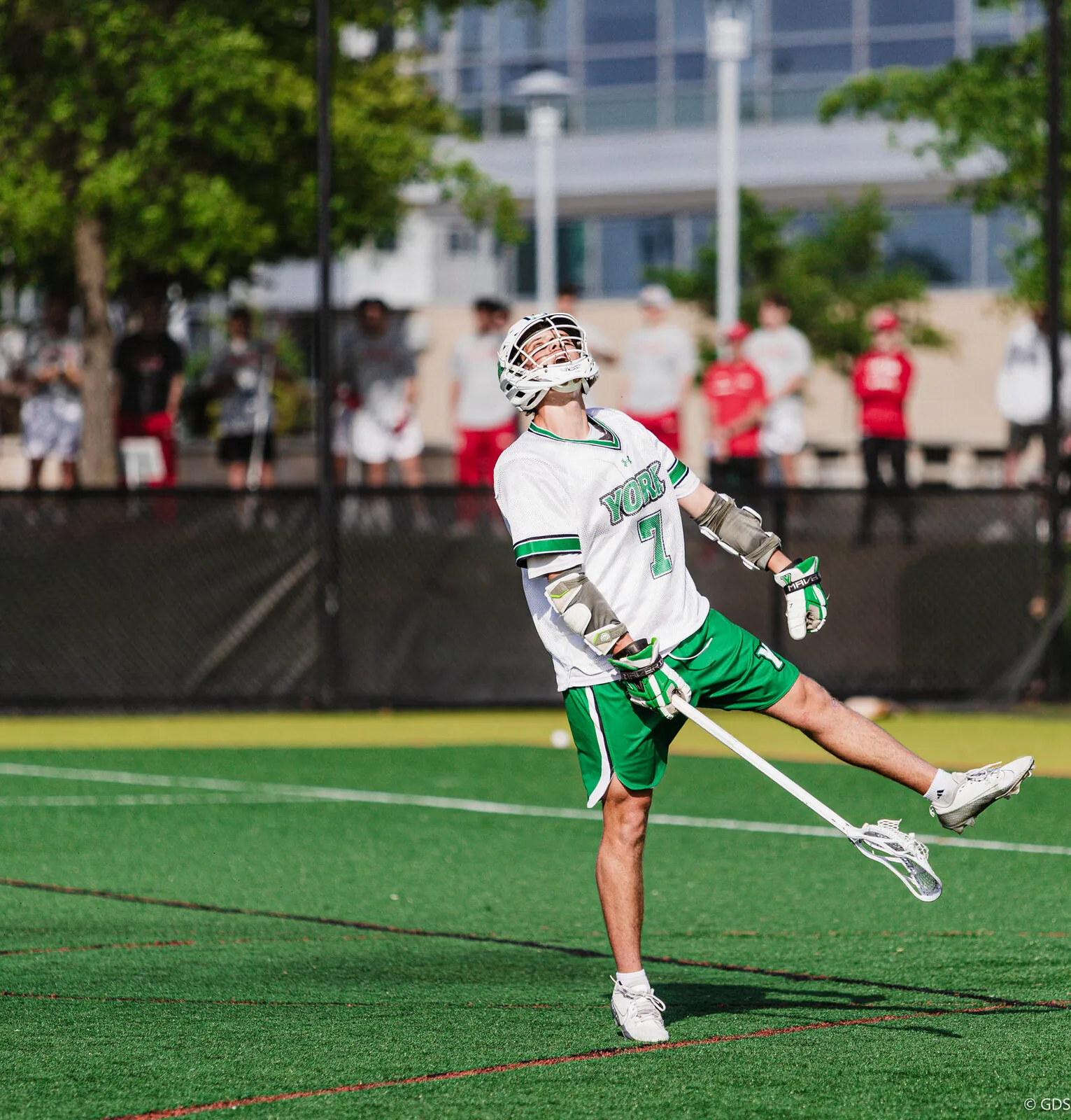 A York lacrosse player throws his head back in celebration, stick falling from his glove
